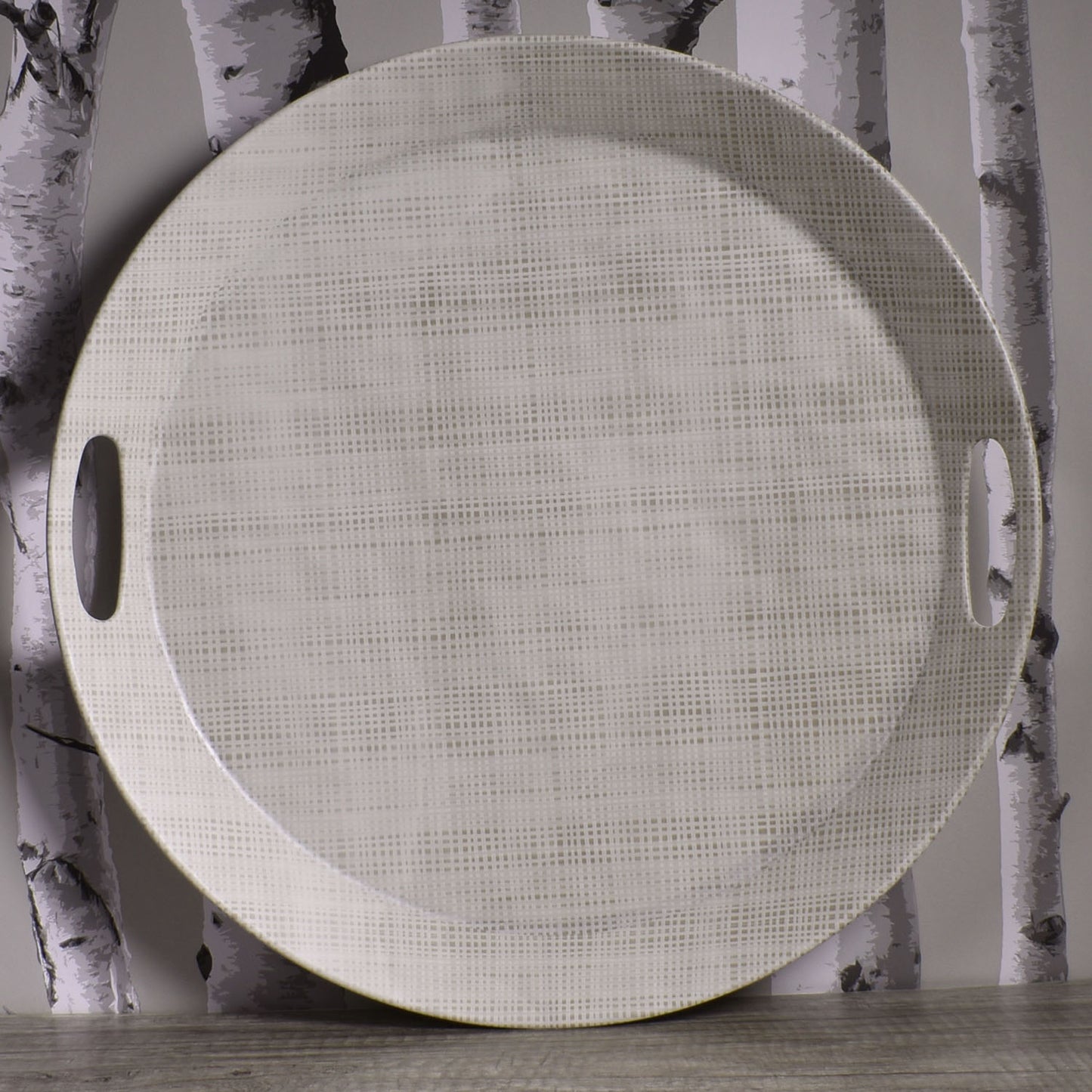 Merritt Luxe Linen 17" Round Melamine Serving Tray with Cutout Handles, Beige
