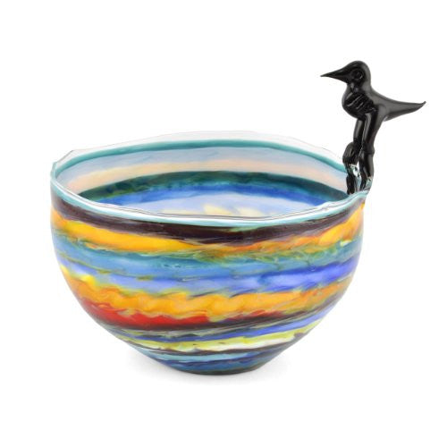 Jim Loewer Striped Blown Glass Bowl with Bird, Multicolor - The Barrington Garage