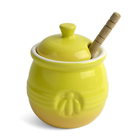 Creative Co-Op Bee Stoneware Honey Pot with Wooden Dipper, Yellow - The Barrington Garage