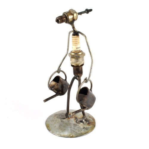Gardener with Watering Cans Recycled Spark Plug Metal Sculpture - The Barrington Garage