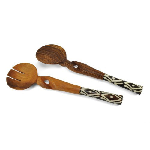 Twisted Olive Wood Salad Serving Set with Bone Handles - The Barrington Garage