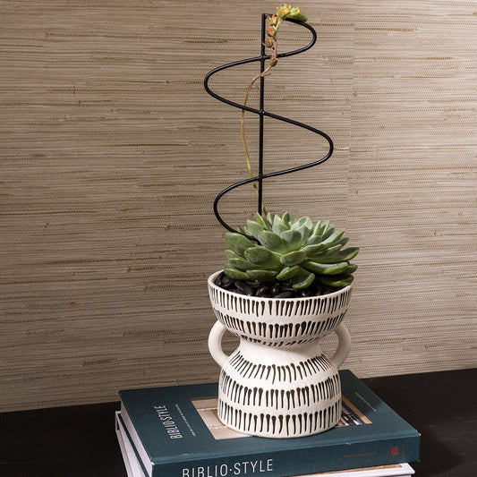 Modern Ceramic Pot with Handles, 6-1/4" x 6", White/Black