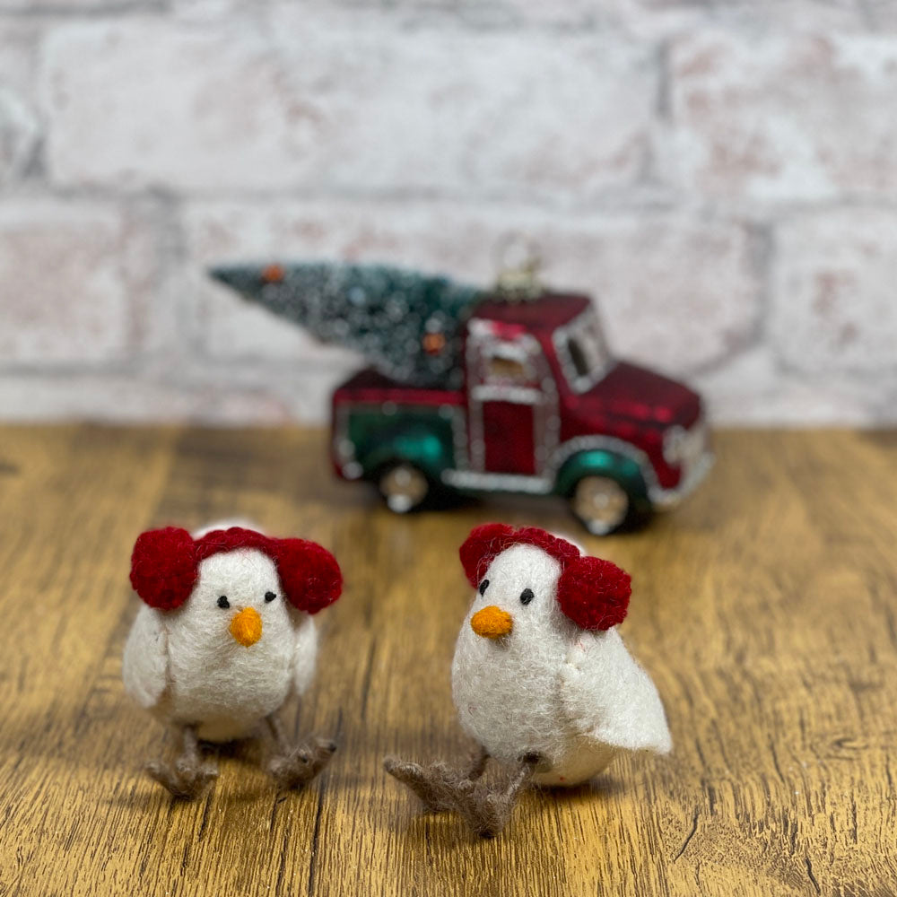 Birdy with Earmuffs Felted Wool Ornament, Handmade in Nepal, Set of 2