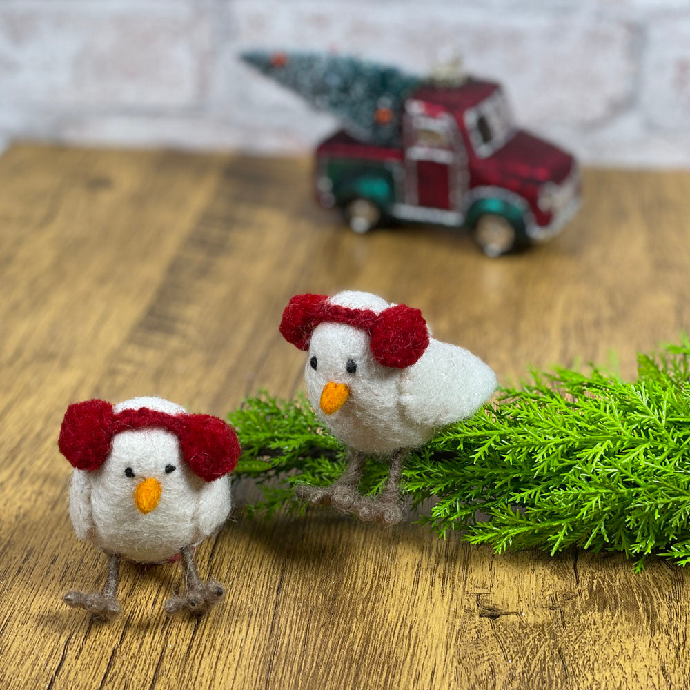 Birdy with Earmuffs Felted Wool Ornament, Handmade in Nepal, Set of 2