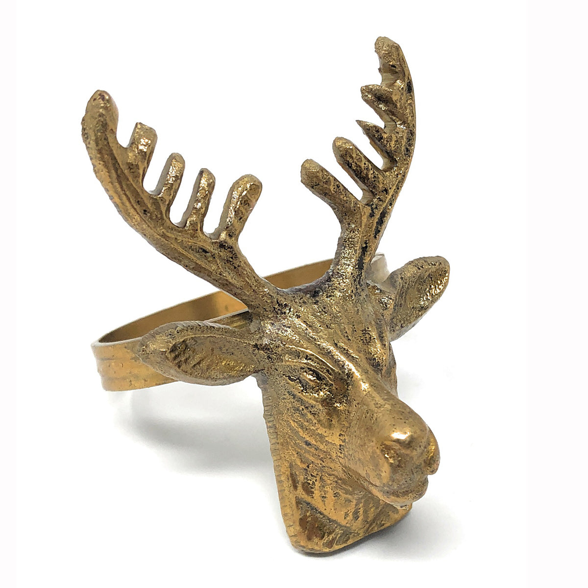 Accent Decor Deer Head Brass Napkin Rings in Jute Bag, Set of 6