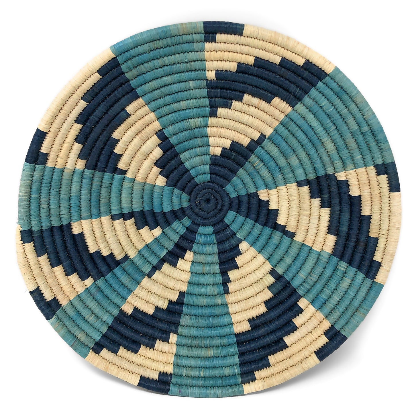 African Fair Trade Handwoven Raffia Basket, Large, Blue/Ivory