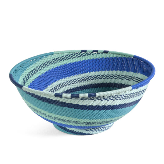 Fair Trade Zulu Telephone Wire 8" Round Pedestal Bowl, African Ocean - The Barrington Garage