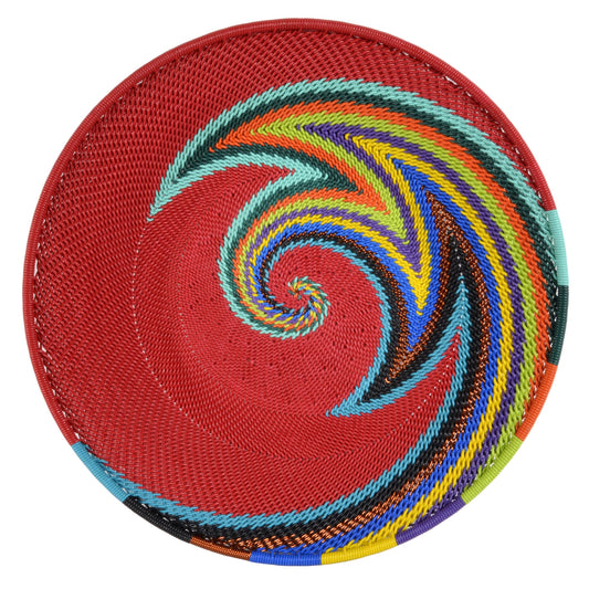 Fair Trade Zulu Telephone Wire 8" Platter Basket, Red Rainbow