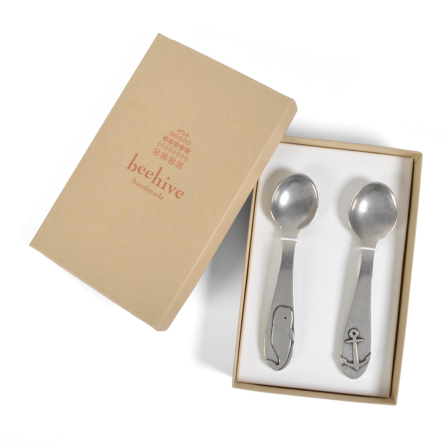 Beehive Handmade Whale and Anchor Pewter Baby Spoon Set