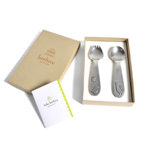 Beehive Handmade Baby and Mother Pewter Bird Baby Spoon Set
