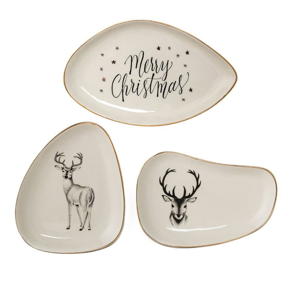 Bloomingville Merry Christmas Small Stoneware Plates with Gold Trim, Set of 3