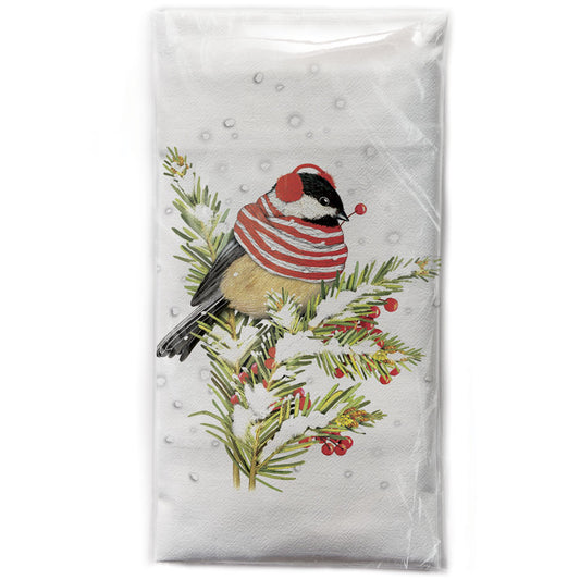 Mary Lake-Thompson Winter Chickadee with Scarf Cotton Flour Sack Towel