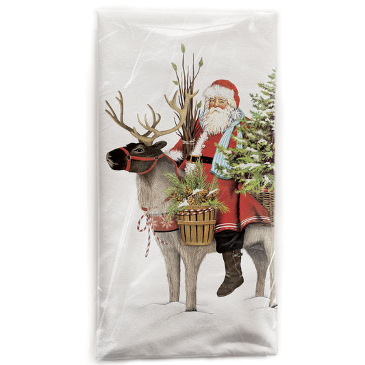 Mary Lake-Thompson Pine Santa with Reindeer Cotton Flour Sack Dish Towel