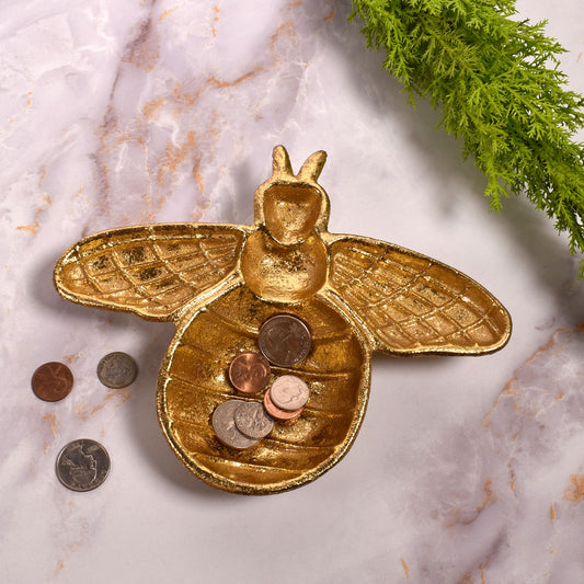 Decorative Bee Shaped Cast Iron Dish with Metallic Gold Finish