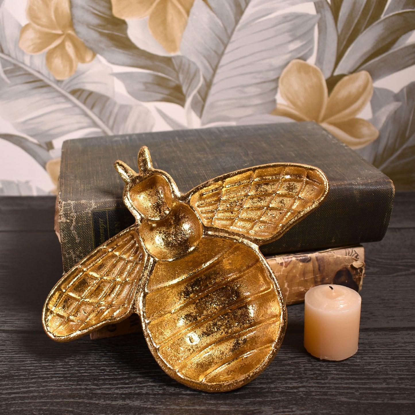 Decorative Bee Shaped Cast Iron Dish with Metallic Gold Finish