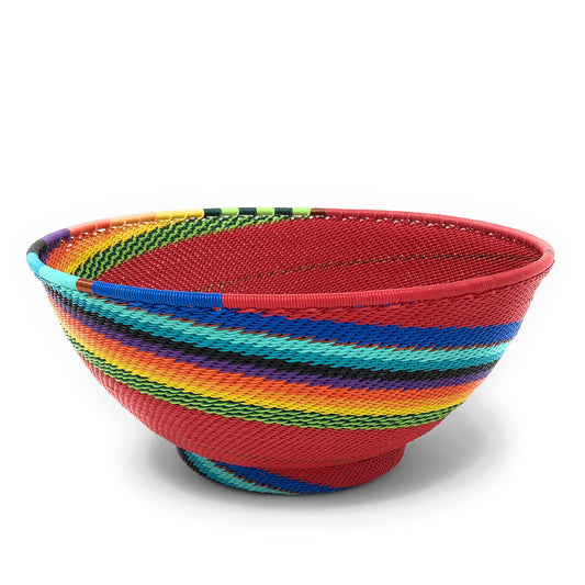 Fair Trade Zulu Telephone Wire 8-inch Round Pedestal Bowl, Red Rainbow