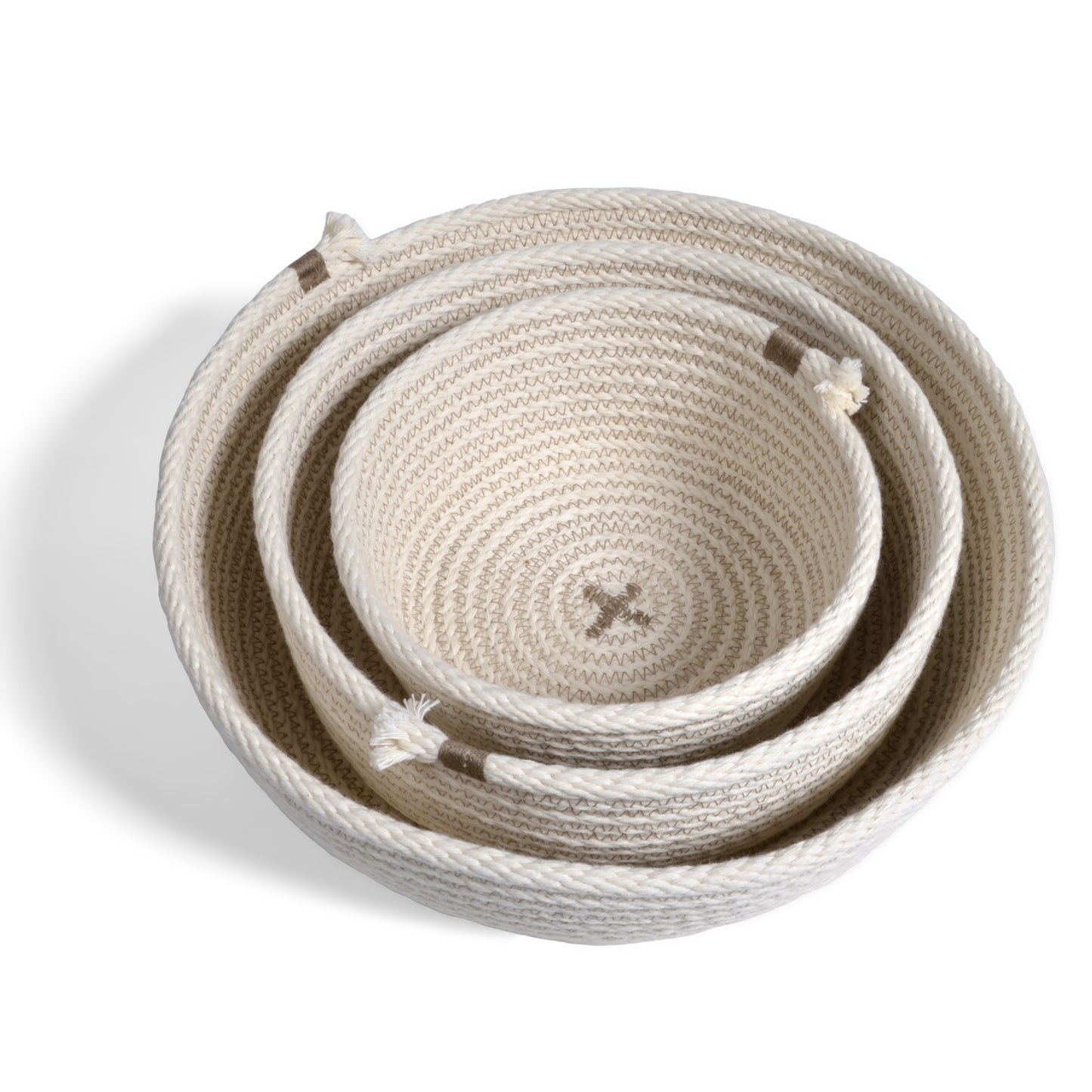Brklyn Home Handmade Rope Low Nesting Baskets, Set of 3, White/Taupe