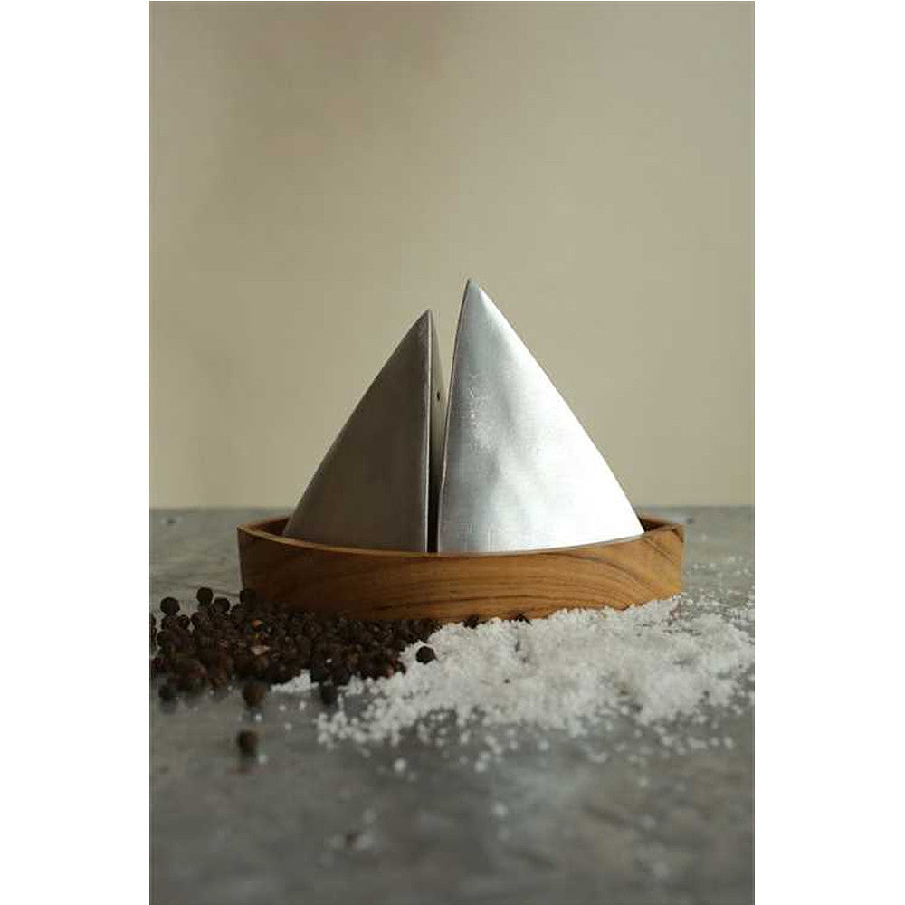 Creative Co-Op Aluminum Sailboat Salt and Pepper Shakers with Teak Tray - The Barrington Garage