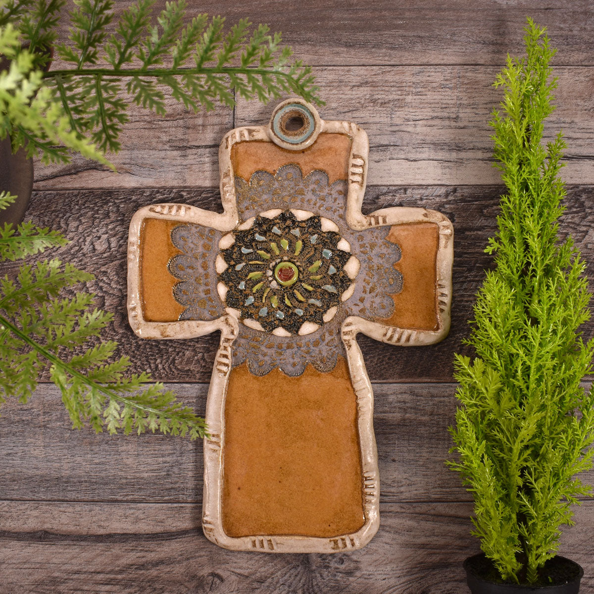 Laurie Pollpeter Eskenazi Ceramic Wall Cross with Black Medallion