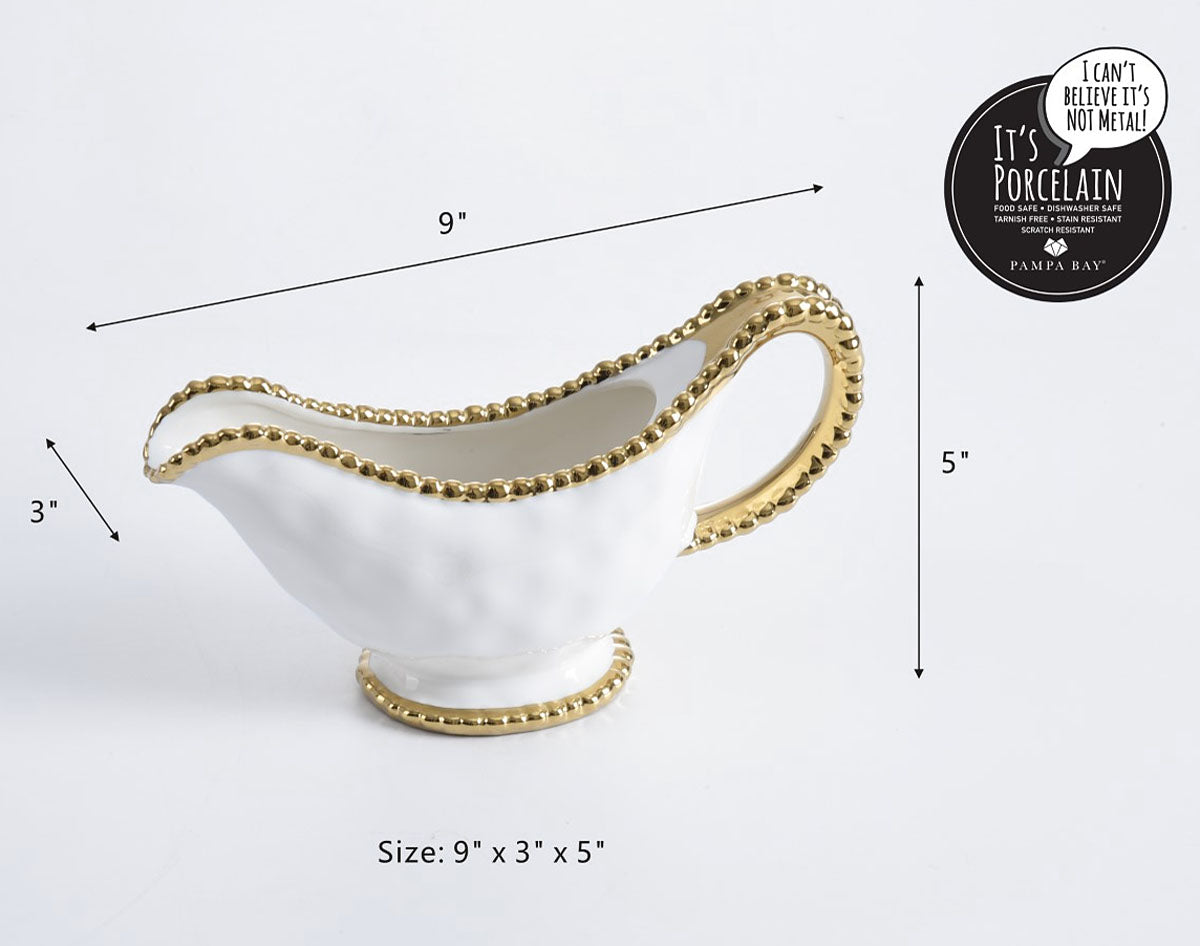 Pampa Bay Golden Salerno Porcelain Gravy Boat with Titanium Beaded Trim, White/Gold