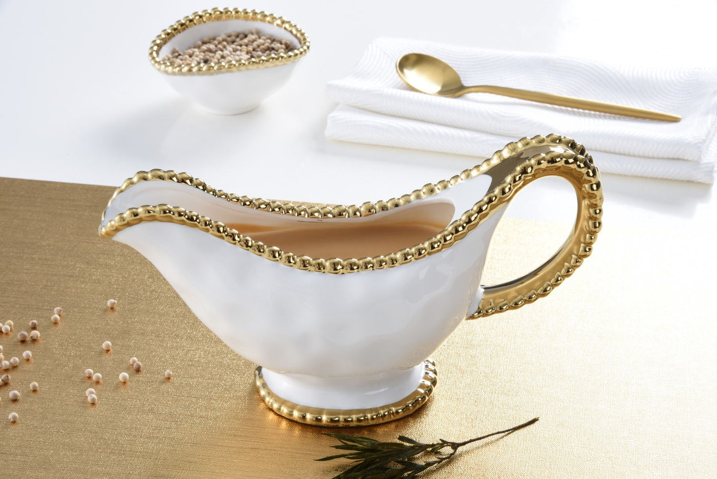 Pampa Bay Golden Salerno Porcelain Gravy Boat with Titanium Beaded Trim, White/Gold