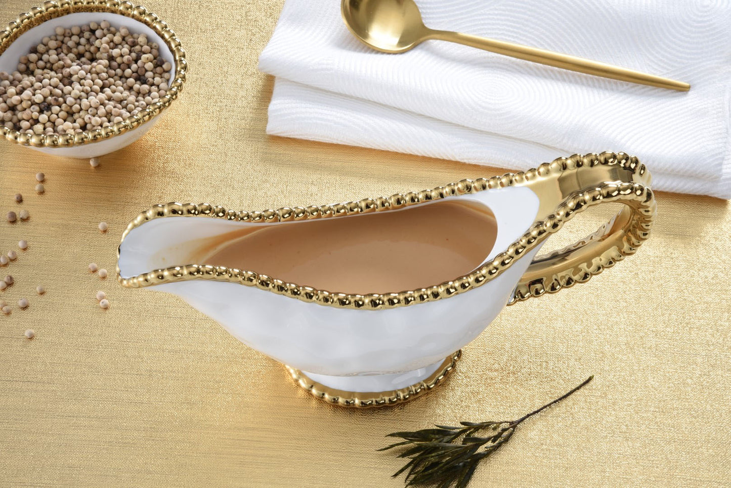 Pampa Bay Golden Salerno Porcelain Gravy Boat with Titanium Beaded Trim, White/Gold