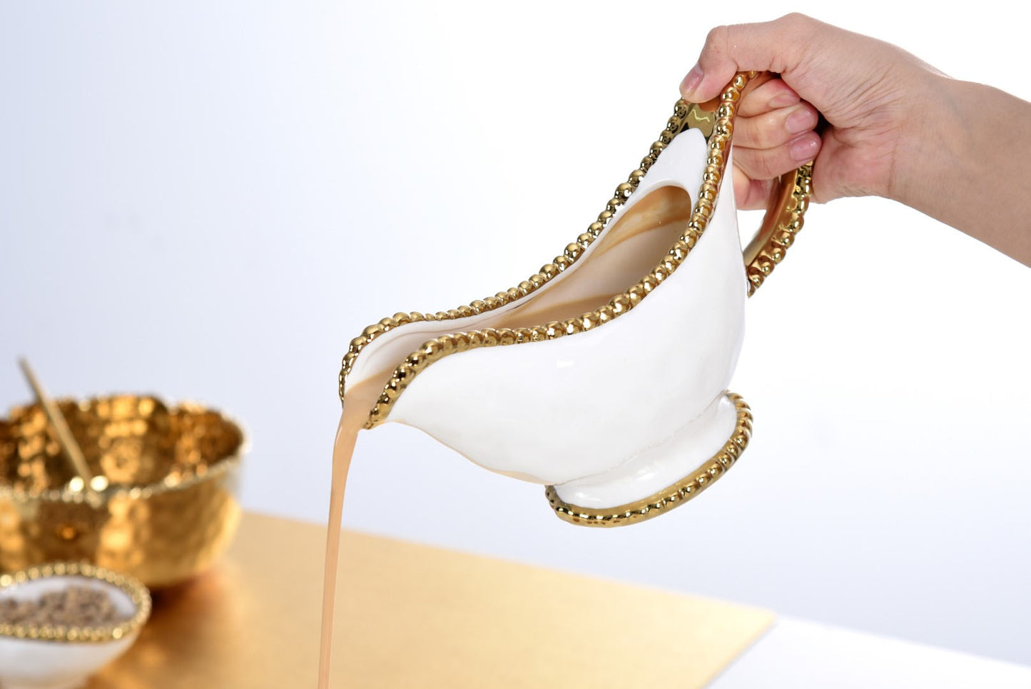 Pampa Bay Golden Salerno Porcelain Gravy Boat with Titanium Beaded Trim, White/Gold