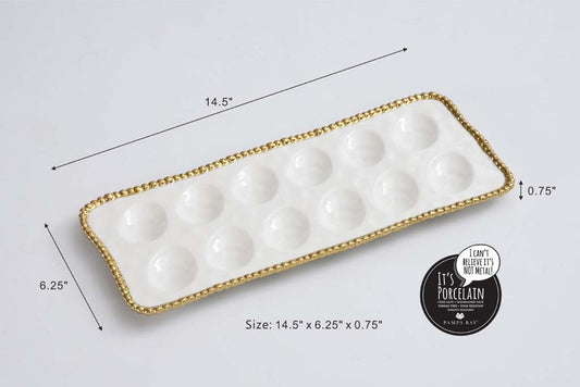 Pampa Bay Golden Salerno Porcelain Deviled Egg Tray with Titanium Beaded Trim, White/Gold