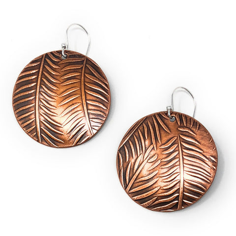 Copper Relics Handmade 1.25-inch Round Fern Leaf Earrings