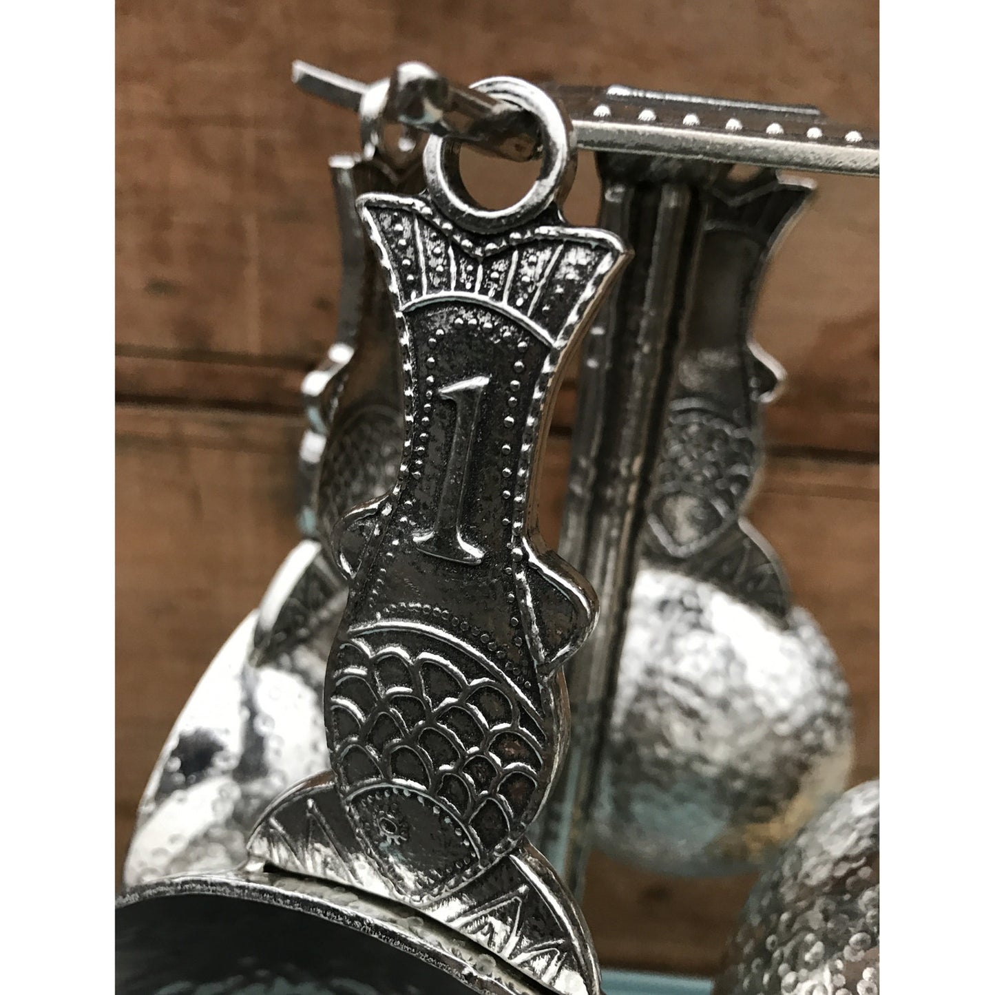 Crosby and Taylor Fish Pewter Measuring Cups with Display Post