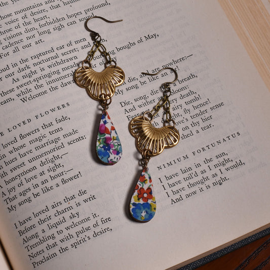 Cicada Design Wood and Brass Teardrop Earrings with Liberty London Emma and Georgina Fabric