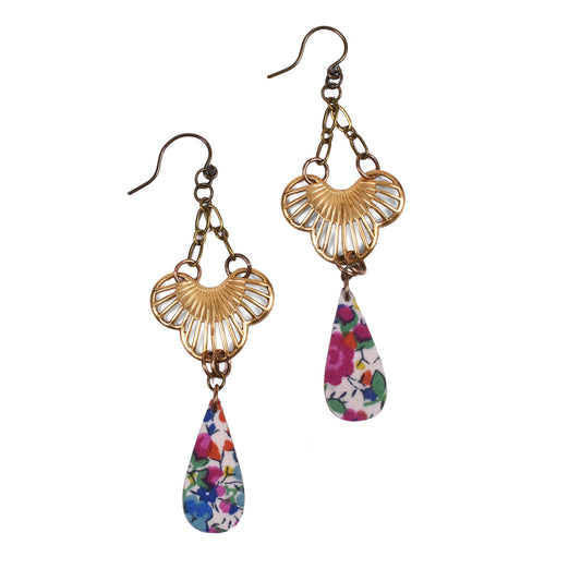 Cicada Design Wood and Brass Teardrop Earrings with Liberty London Emma and Georgina Fabric