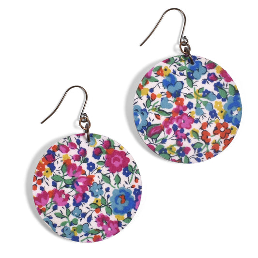 Cicada Design Wooden Circle Earrings with Liberty London Emma and Georgina Fabric
