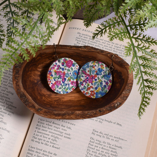 Cicada Design Wooden Circle Earrings with Liberty London Emma and Georgina Fabric