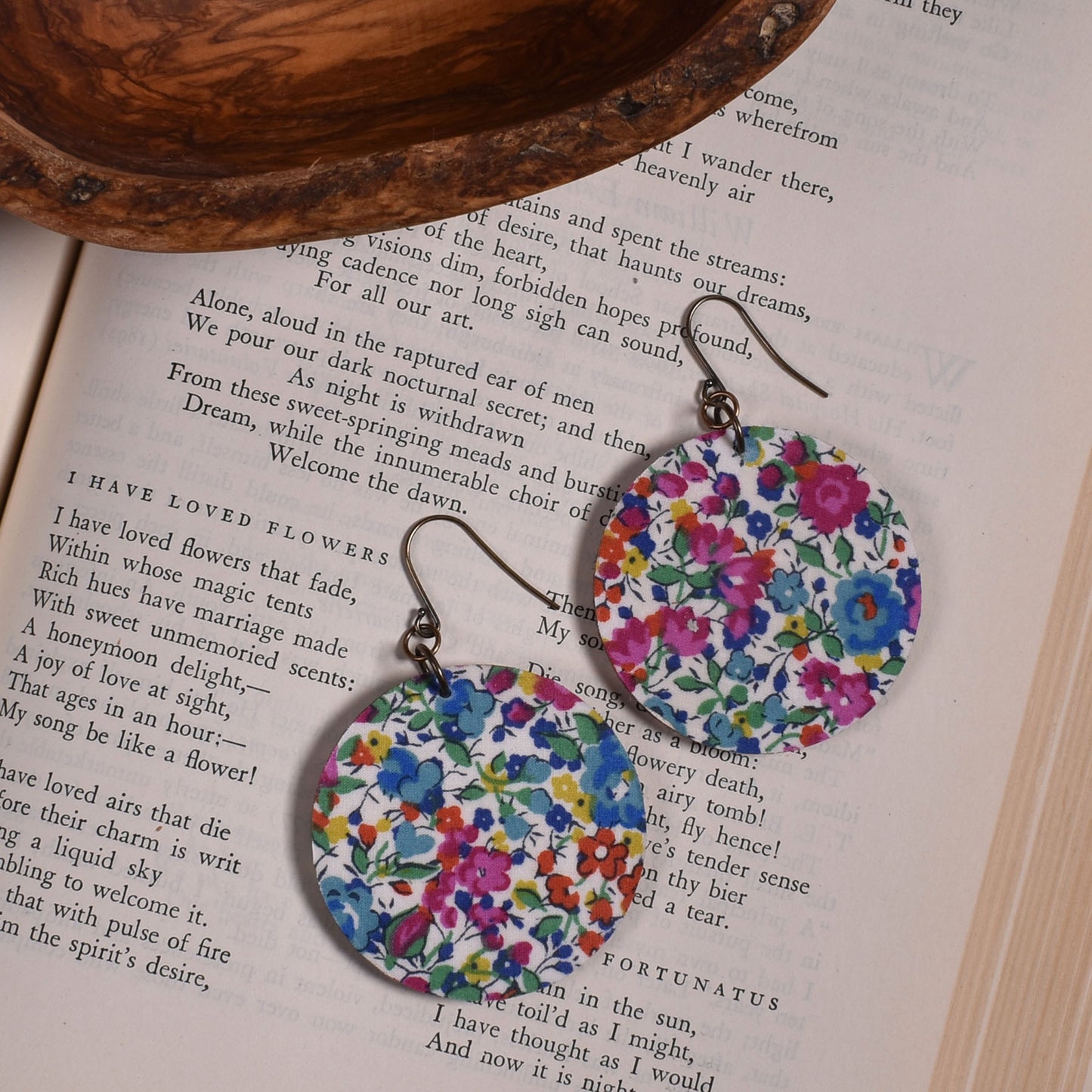 Cicada Design Wooden Circle Earrings with Liberty London Emma and Georgina Fabric