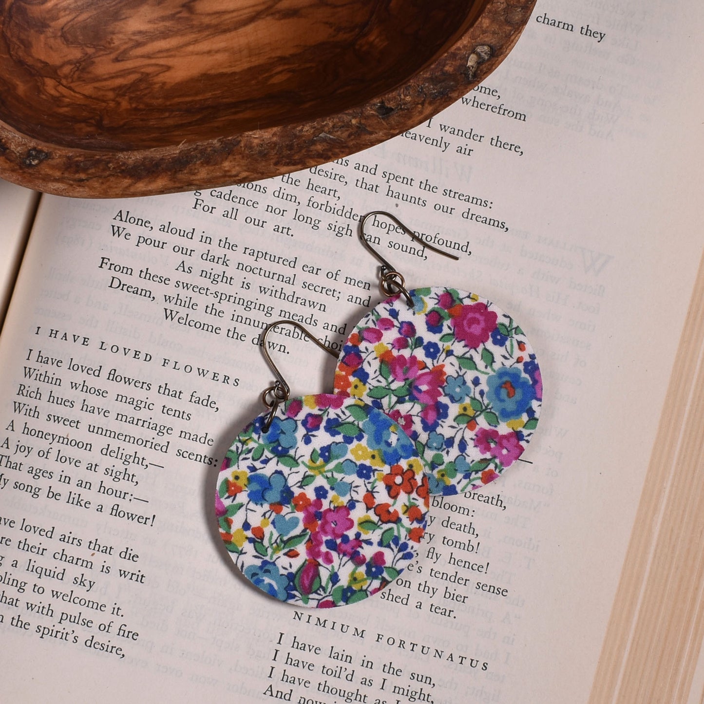 Cicada Design Wooden Circle Earrings with Liberty London Emma and Georgina Fabric