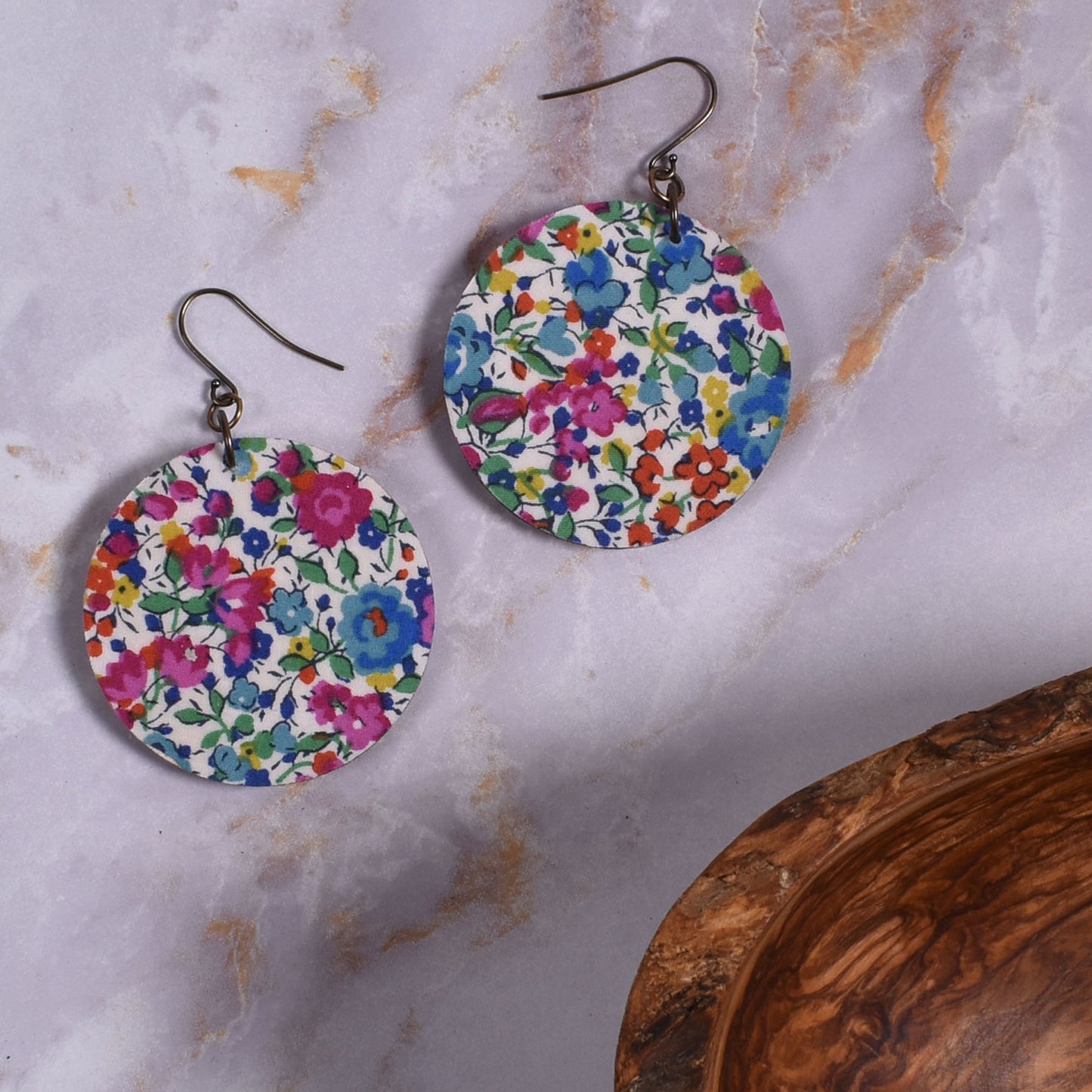 Cicada Design Wooden Circle Earrings with Liberty London Emma and Georgina Fabric