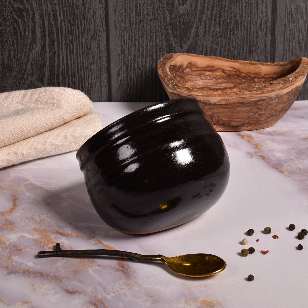 Clay Path Studio Handmade American Pottery Open Salt Cellar, Espresso