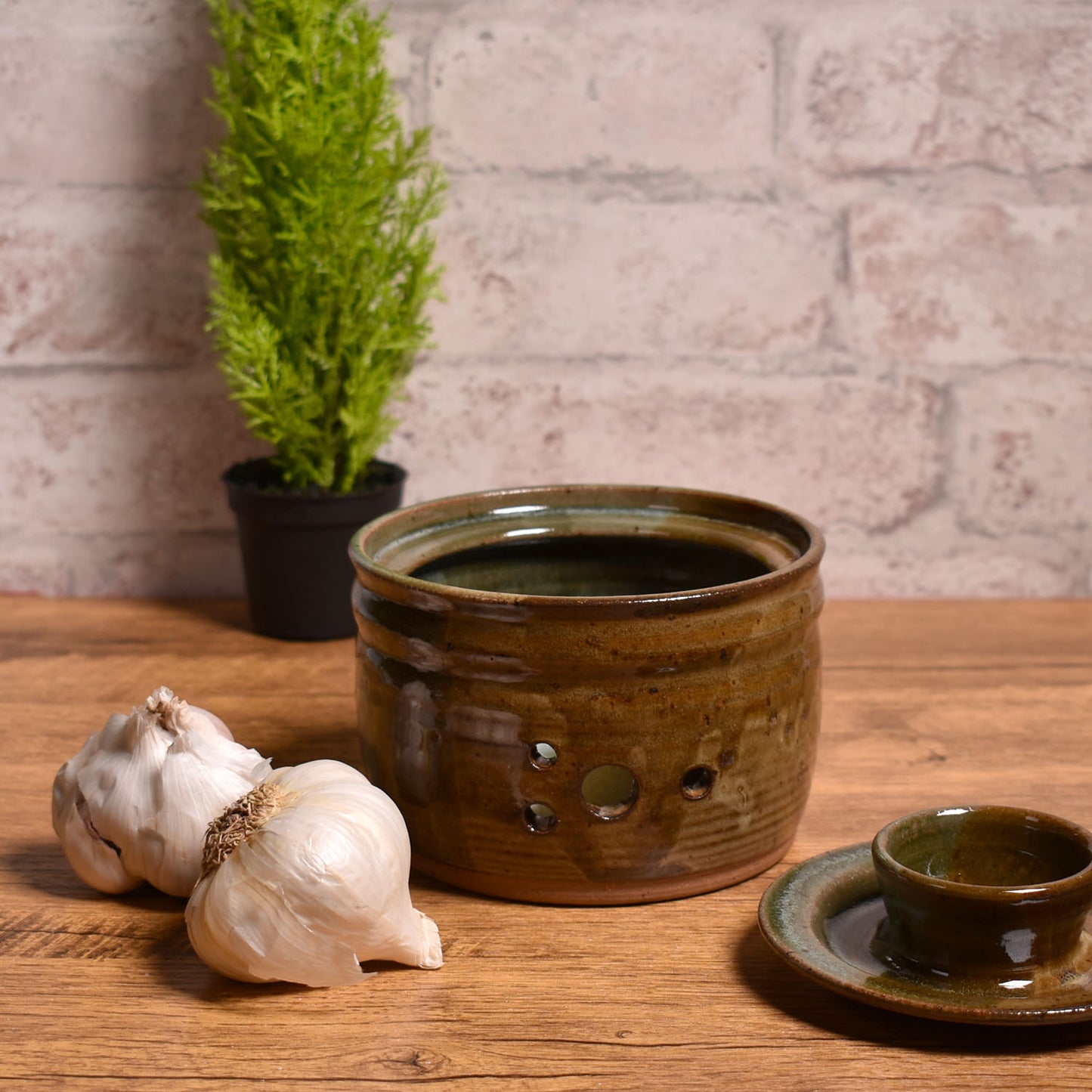 Clay Path Studio Handmade American Pottery Garlic Keeper Jar, Artichoke Green