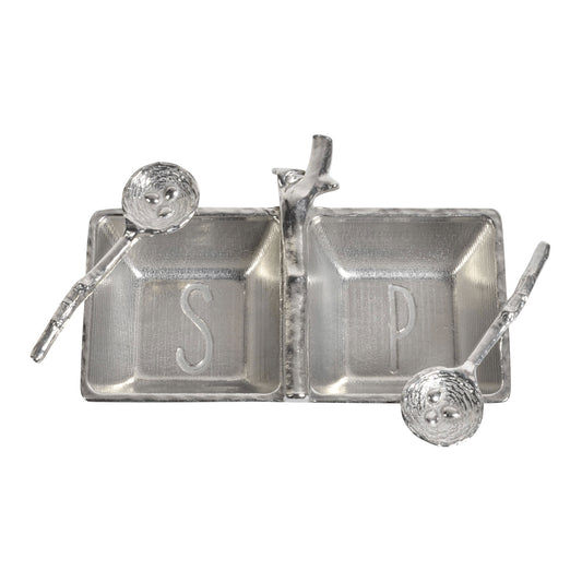 Crosby & Taylor Pewter Salt & Pepper Tray with Twig Bird's Nest Spoons