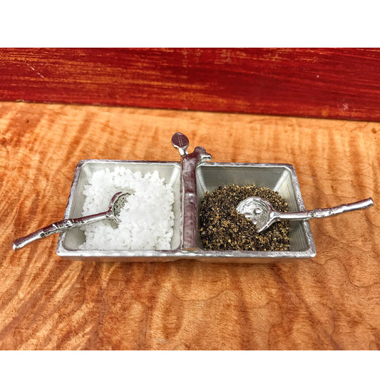 Crosby & Taylor Pewter Salt & Pepper Tray with Twig Bird's Nest Spoons