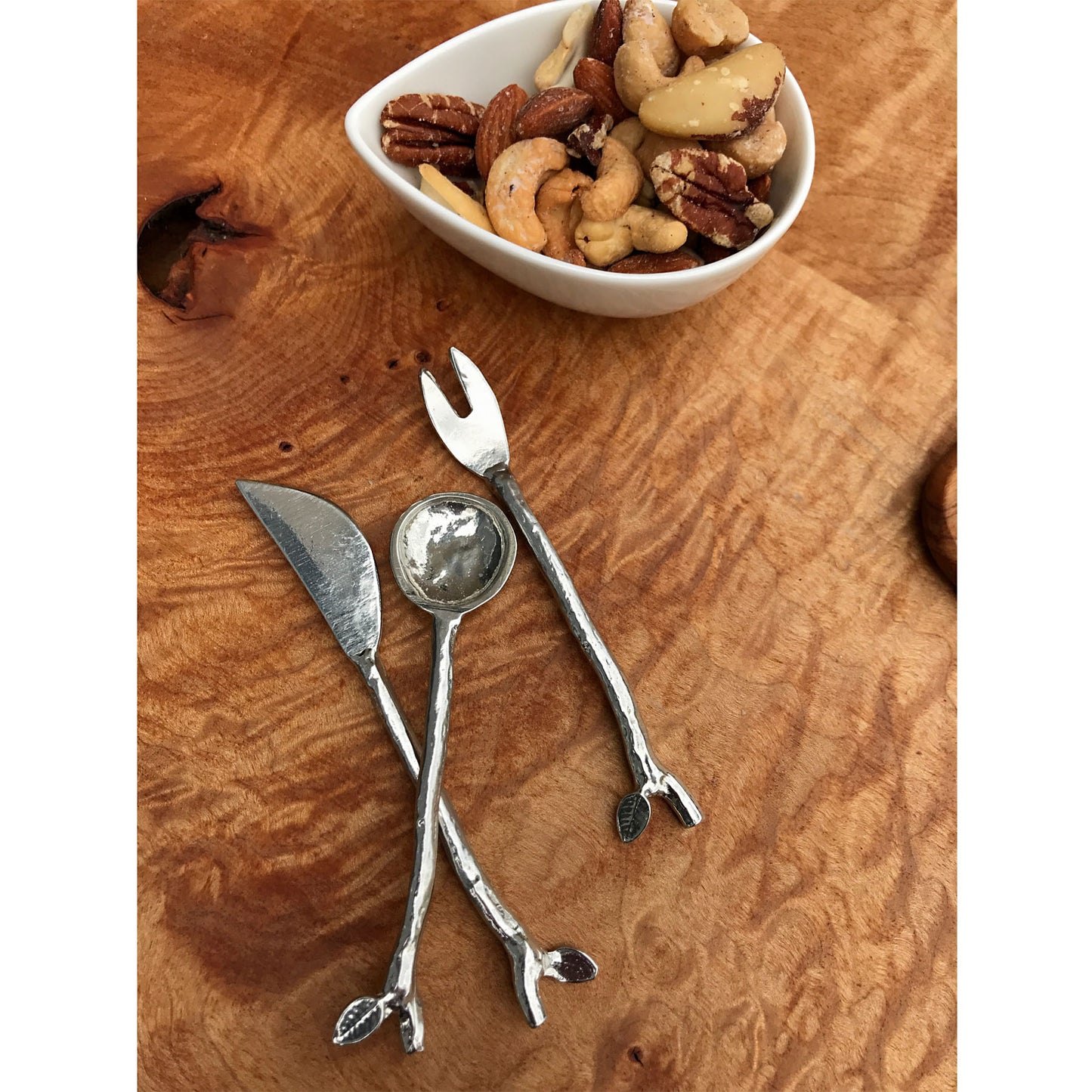 Crosby & Taylor Twigs 3-Piece Pewter Mini Cheese, Condiment, Appetizer Serving Set (Spoon, Fork, Knife), Handmade in the USA