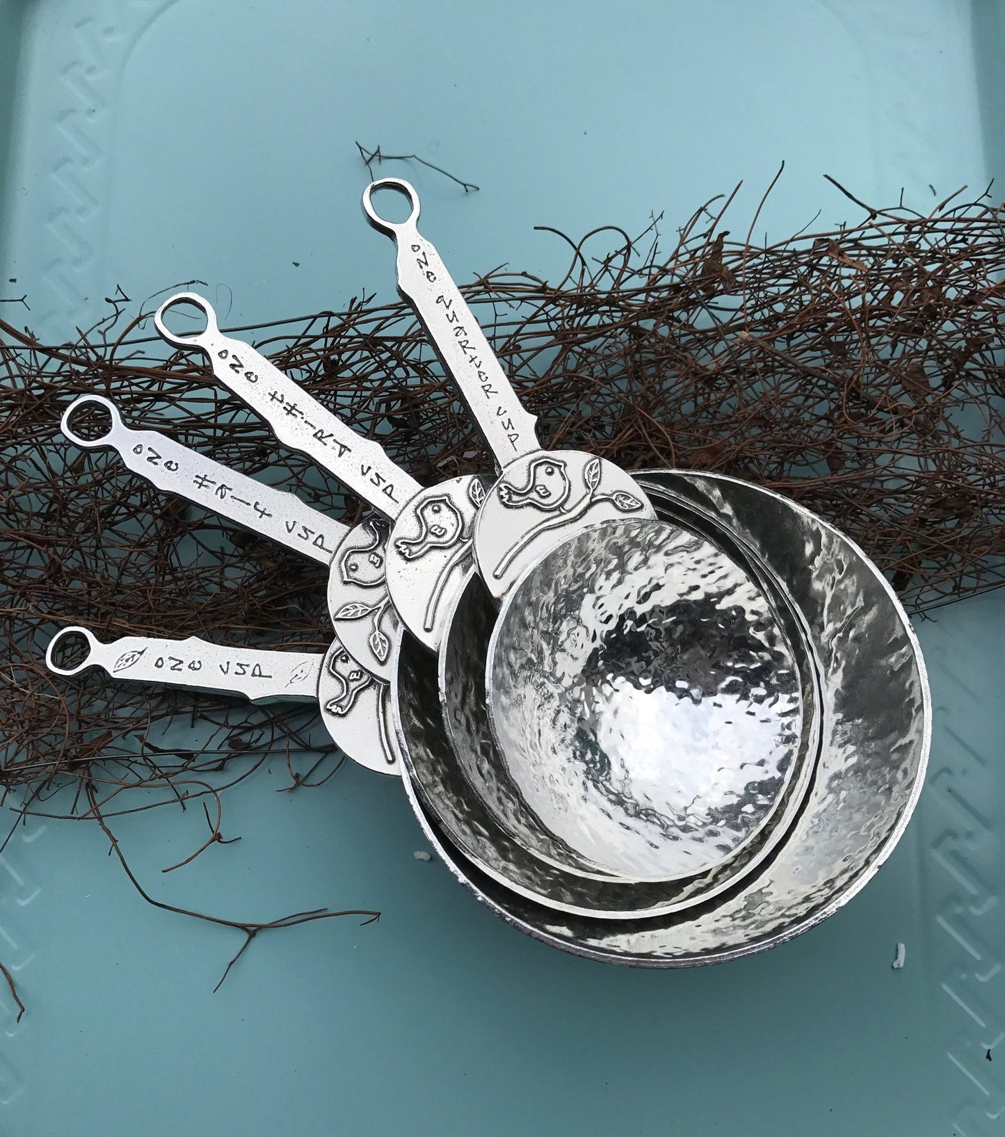 Crosby & Taylor Bird 4-piece Artisan Pewter Measuring Cup Set, Handmade in the USA