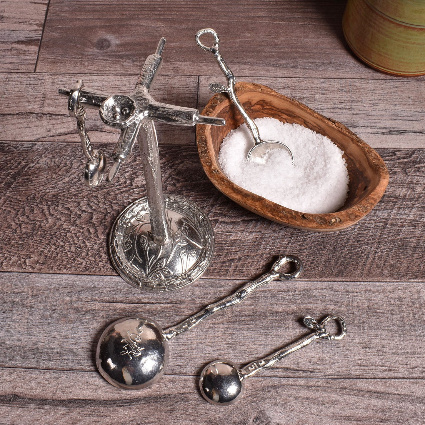 Crosby & Taylor Twig Pewter Measuring Spoon Set with Display Post, Lead-Free, Handmade in the USA