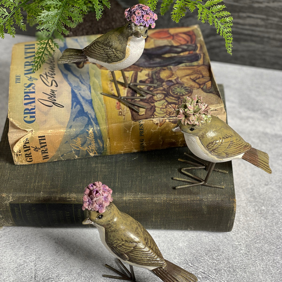 Painted Resin 4-1/4-inch Bird Figurines with Flower Hats, Set of 3
