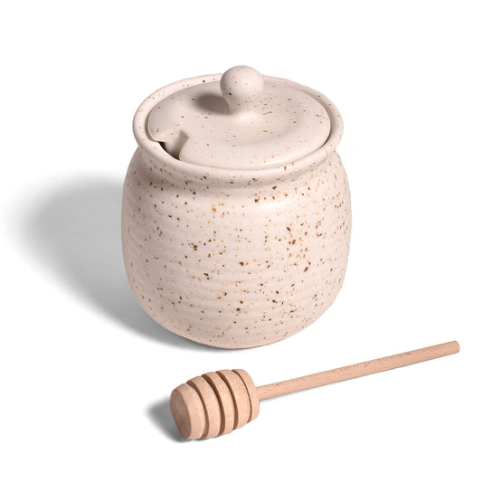 Small Stoneware Honey Jar with Lid and Wooden Dipper, Speckled Ivory