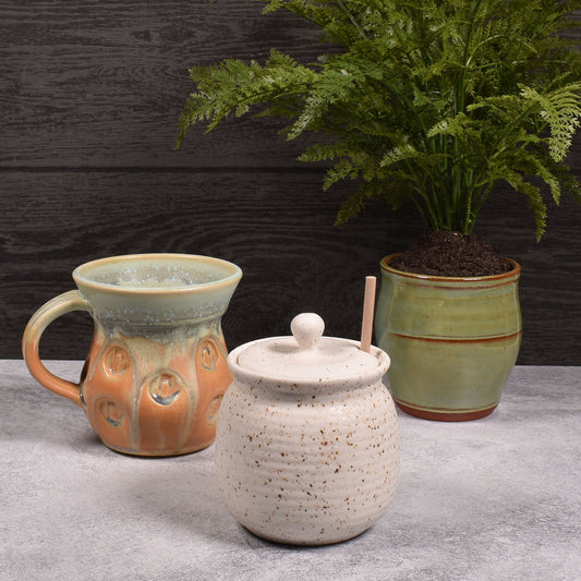 Small Stoneware Honey Jar with Lid and Wooden Dipper, Speckled Ivory