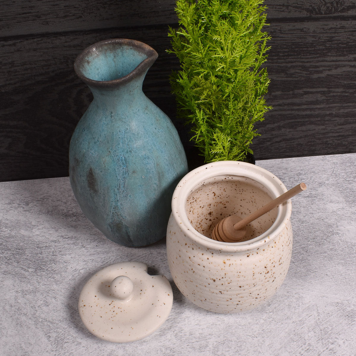Stoneware Honey Jar with Lid and Wood Dipper, Speckled Ivory