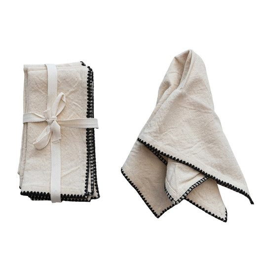 Creative Co-Op 100% Cotton Napkins, Natural with Black Contrast Trim, Set of 4