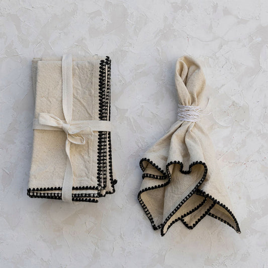 Creative Co-Op 100% Cotton Napkins, Natural with Black Contrast Trim, Set of 4